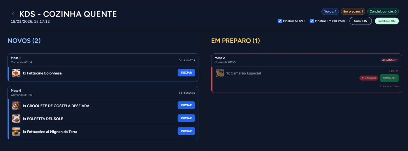 KDS — Cozinha recebendo pedidos em tempo real
